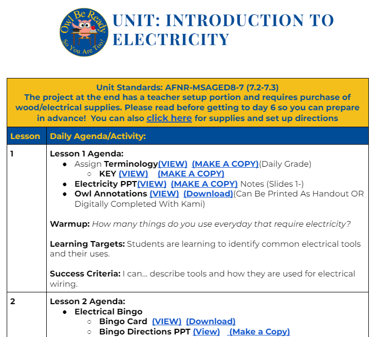 MS. Introduction to Electricity Unit (8 Days)