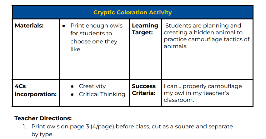 Single Day Lesson- Cryptic Coloration Lesson