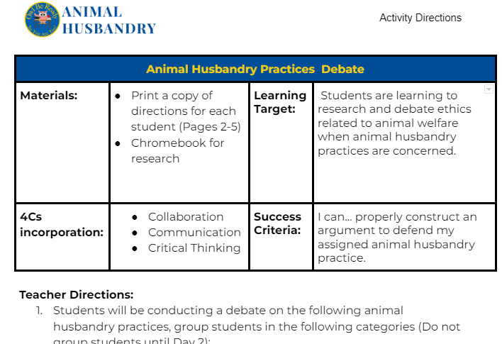 Animal Husbandry Debate (3-4 Days)