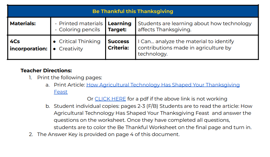 Single Day Lesson Plan- Thanksgiving